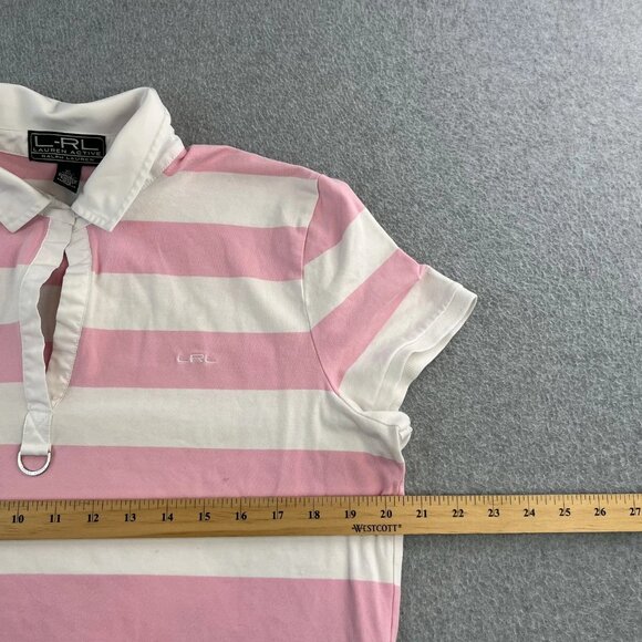 Lauren Ralph Lauren Polo Shirt Womens XL Pink White Striped Collared Rugby Top - Picture 10 of 11
